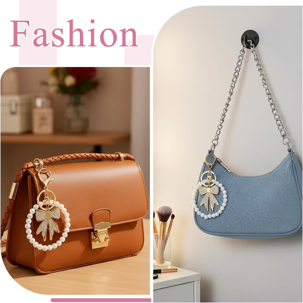 Elegant Pearl Purse Chain Set - 26cm Gold Metal Bag Extender with Rhinestone Pearl Bow Keychain - Stylish Replacement Short Strap for Women's Handbags - Ideal Valentine's Gift - thewrightstore