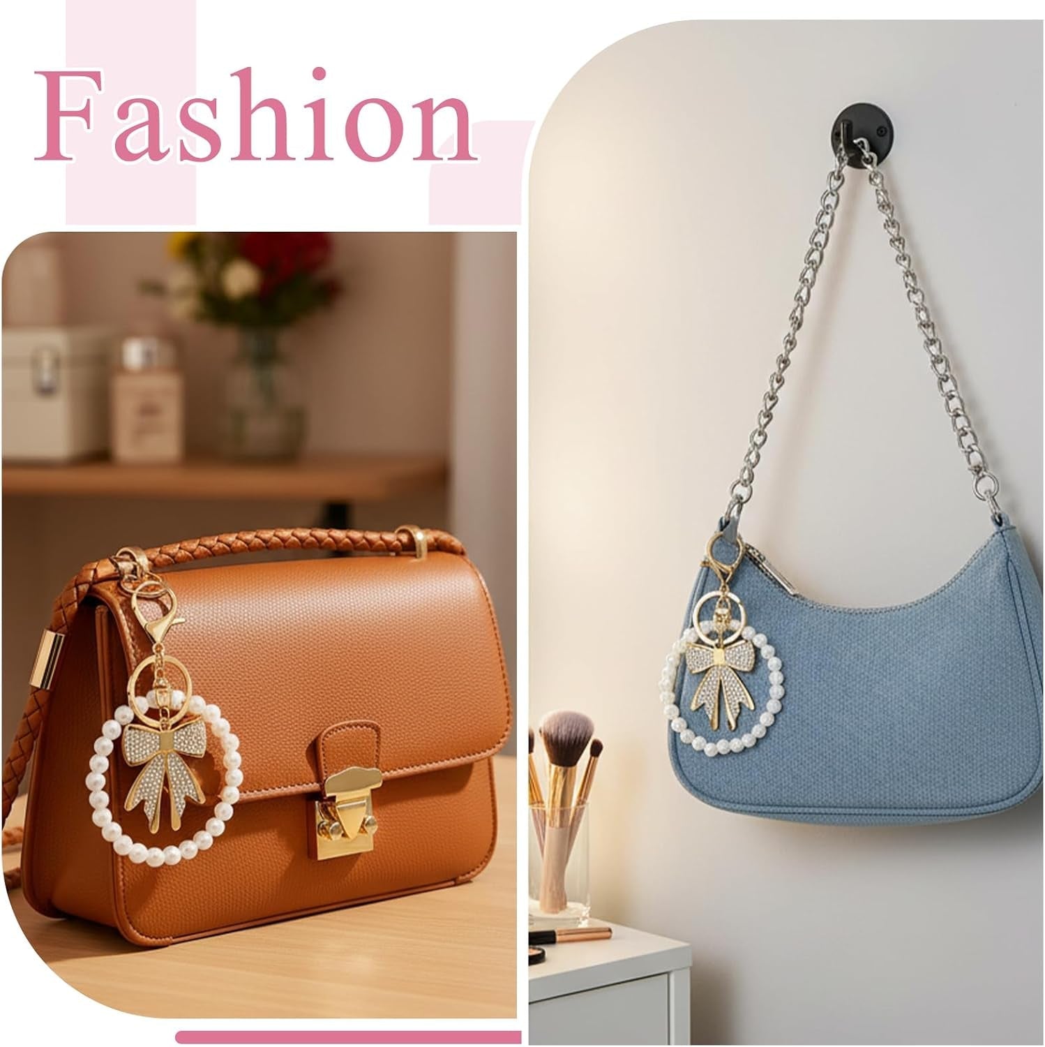 Elegant Pearl Purse Chain Set - 26cm Gold Metal Bag Extender with Rhinestone Pearl Bow Keychain - Stylish Replacement Short Strap for Women's Handbags - Ideal Valentine's Gift - thewrightstore