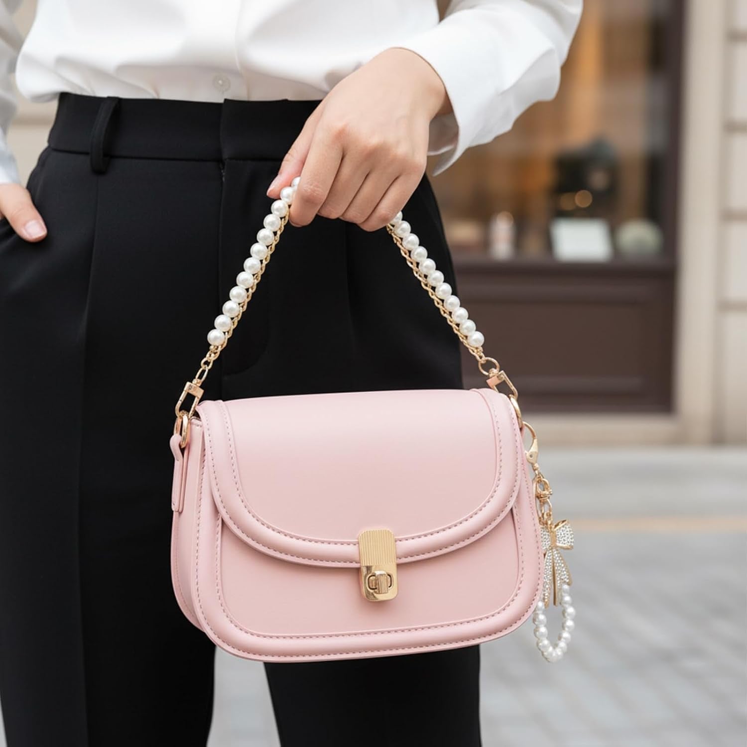 Elegant Pearl Purse Chain Set - 26cm Gold Metal Bag Extender with Rhinestone Pearl Bow Keychain - Stylish Replacement Short Strap for Women's Handbags - Ideal Valentine's Gift - thewrightstore