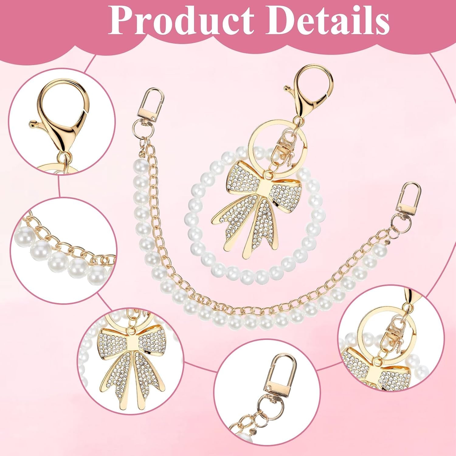 Elegant Pearl Purse Chain Set - 26cm Gold Metal Bag Extender with Rhinestone Pearl Bow Keychain - Stylish Replacement Short Strap for Women's Handbags - Ideal Valentine's Gift - thewrightstore