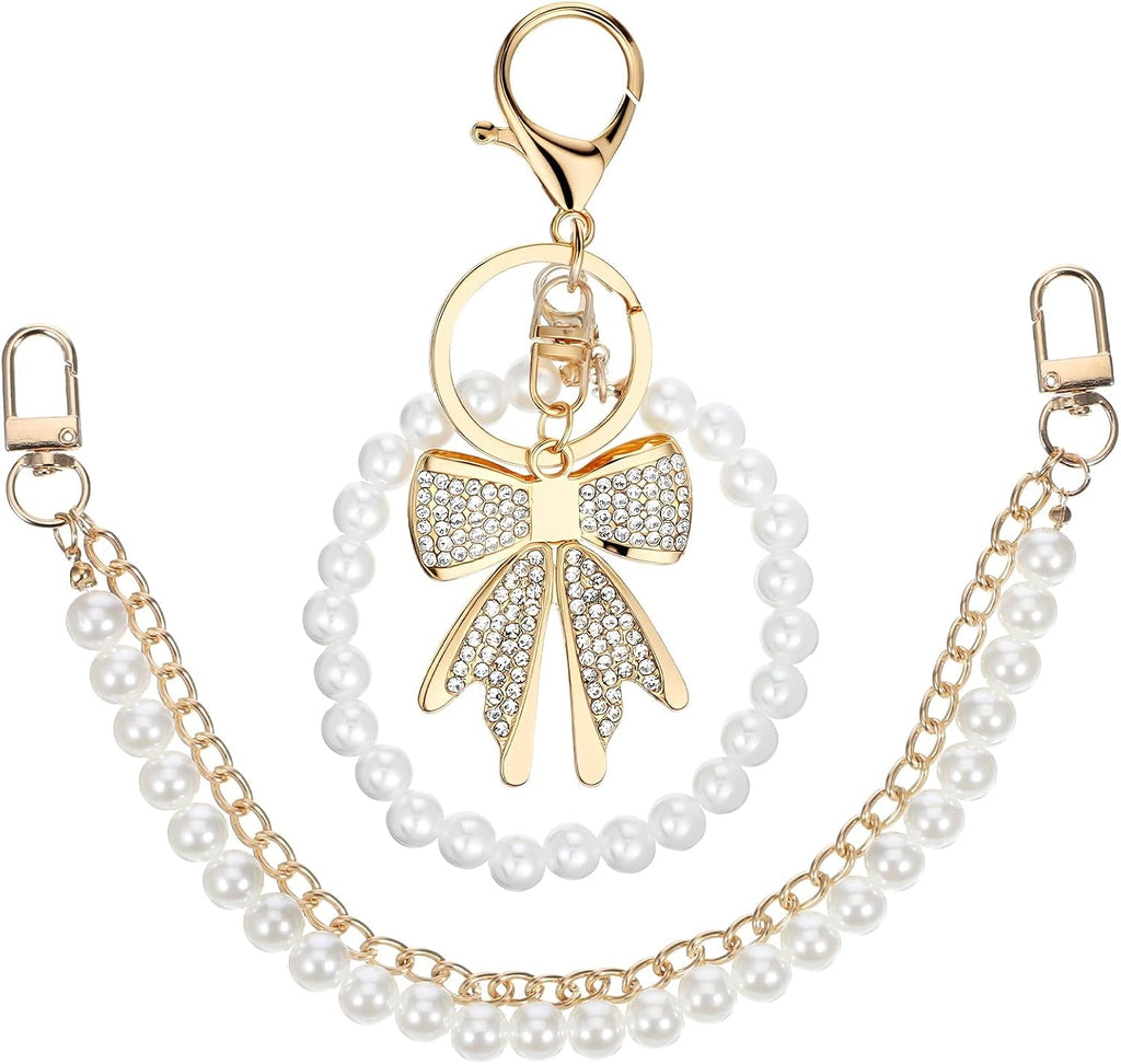 Elegant Pearl Purse Chain Set - 26cm Gold Metal Bag Extender with Rhinestone Pearl Bow Keychain - Stylish Replacement Short Strap for Women's Handbags - Ideal Valentine's Gift - thewrightstore