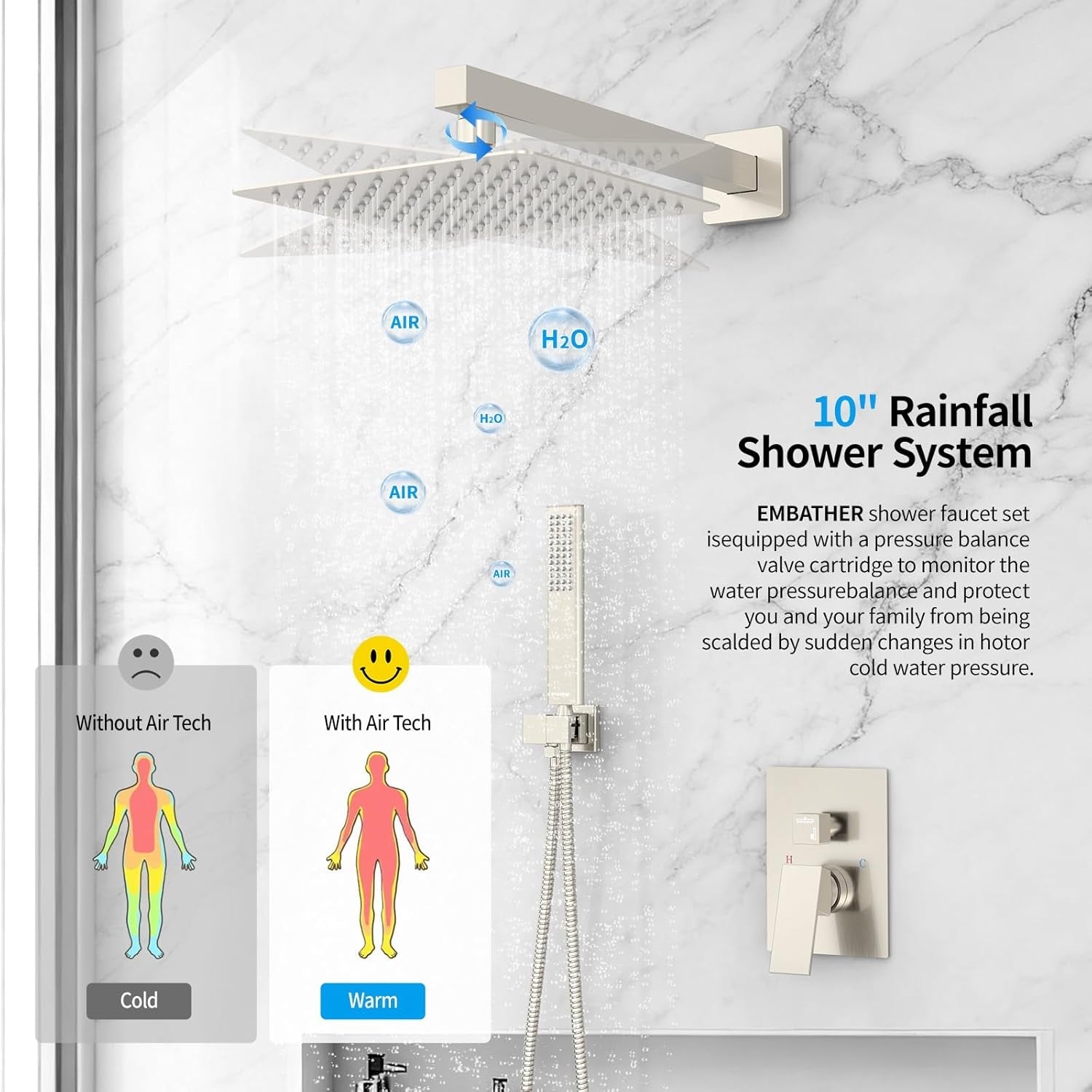 EMBATHER 10-Inch Overhead Rain Shower System with Handheld and Valve - Luxury Modern Brushed Nickel Shower Faucet Set - thewrightstore