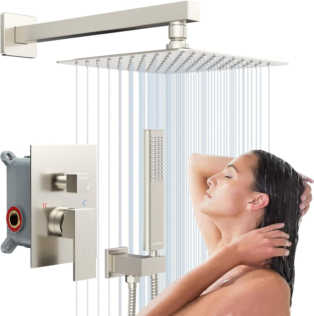 EMBATHER 10-Inch Overhead Rain Shower System with Handheld and Valve - Luxury Modern Brushed Nickel Shower Faucet Set - thewrightstore