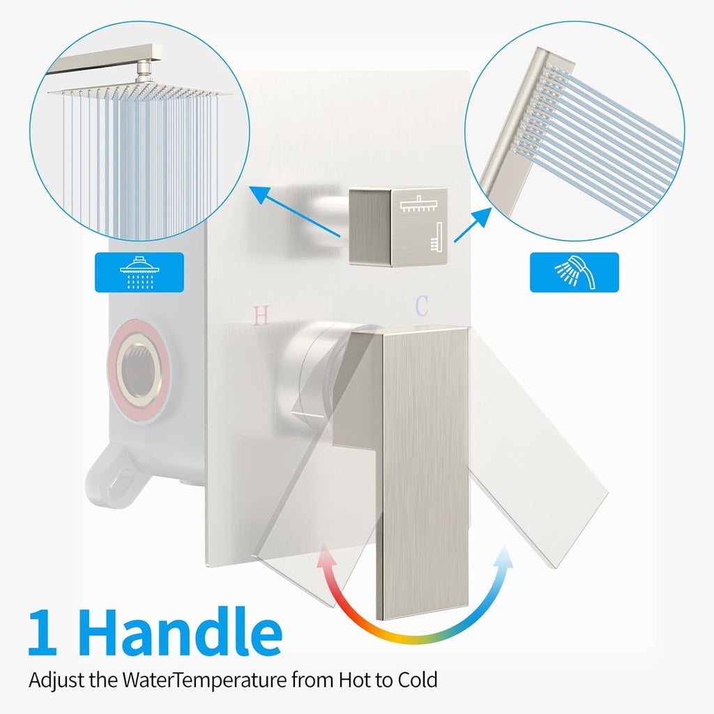 EMBATHER 10-Inch Overhead Rain Shower System with Handheld and Valve - Luxury Modern Brushed Nickel Shower Faucet Set - thewrightstore