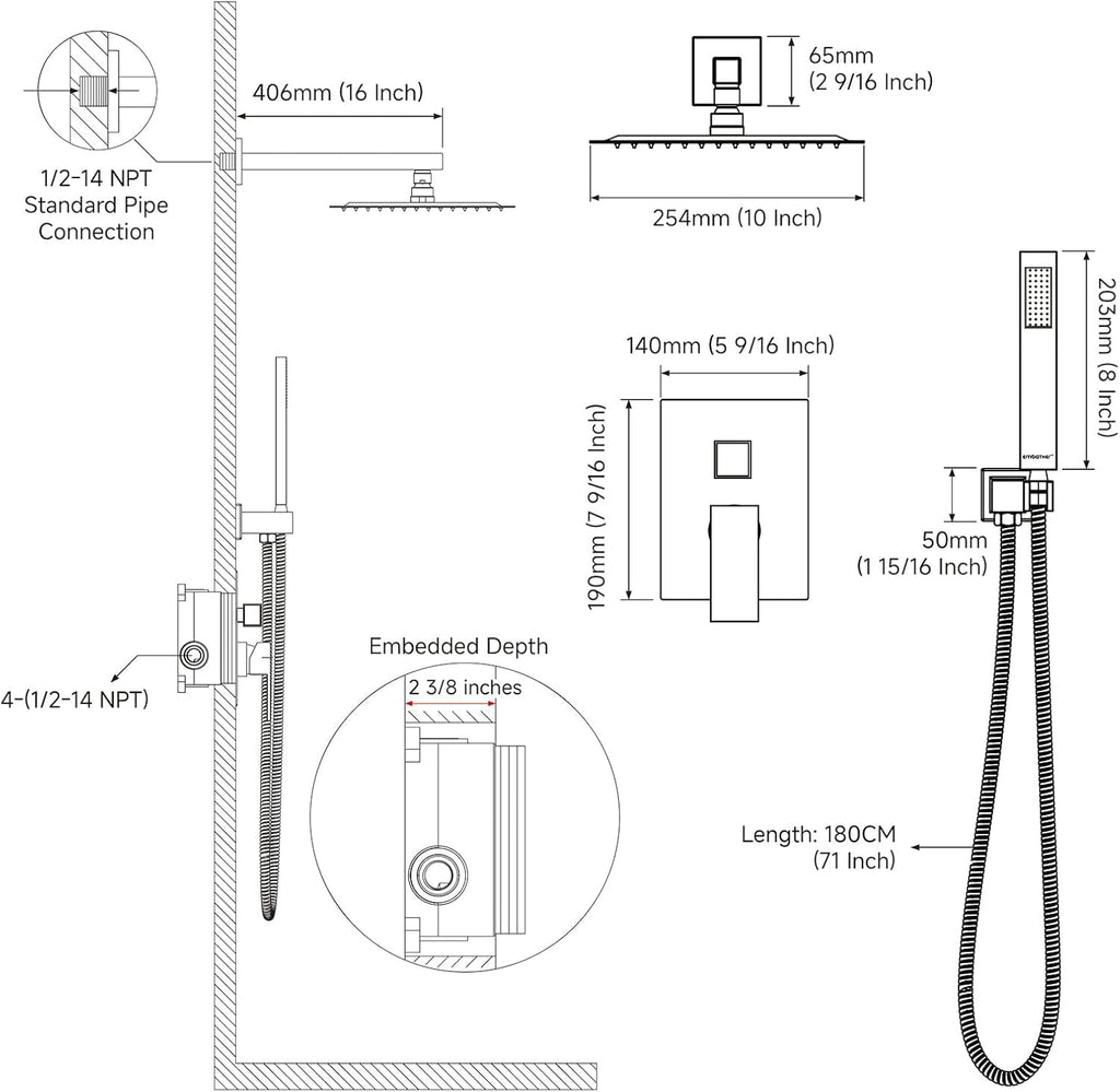 EMBATHER 10-Inch Overhead Rain Shower System with Handheld and Valve - Luxury Modern Brushed Nickel Shower Faucet Set - thewrightstore