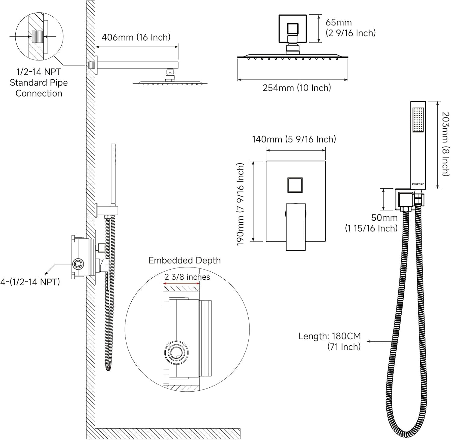 EMBATHER 10-Inch Overhead Rain Shower System with Handheld and Valve - Luxury Modern Brushed Nickel Shower Faucet Set - thewrightstore