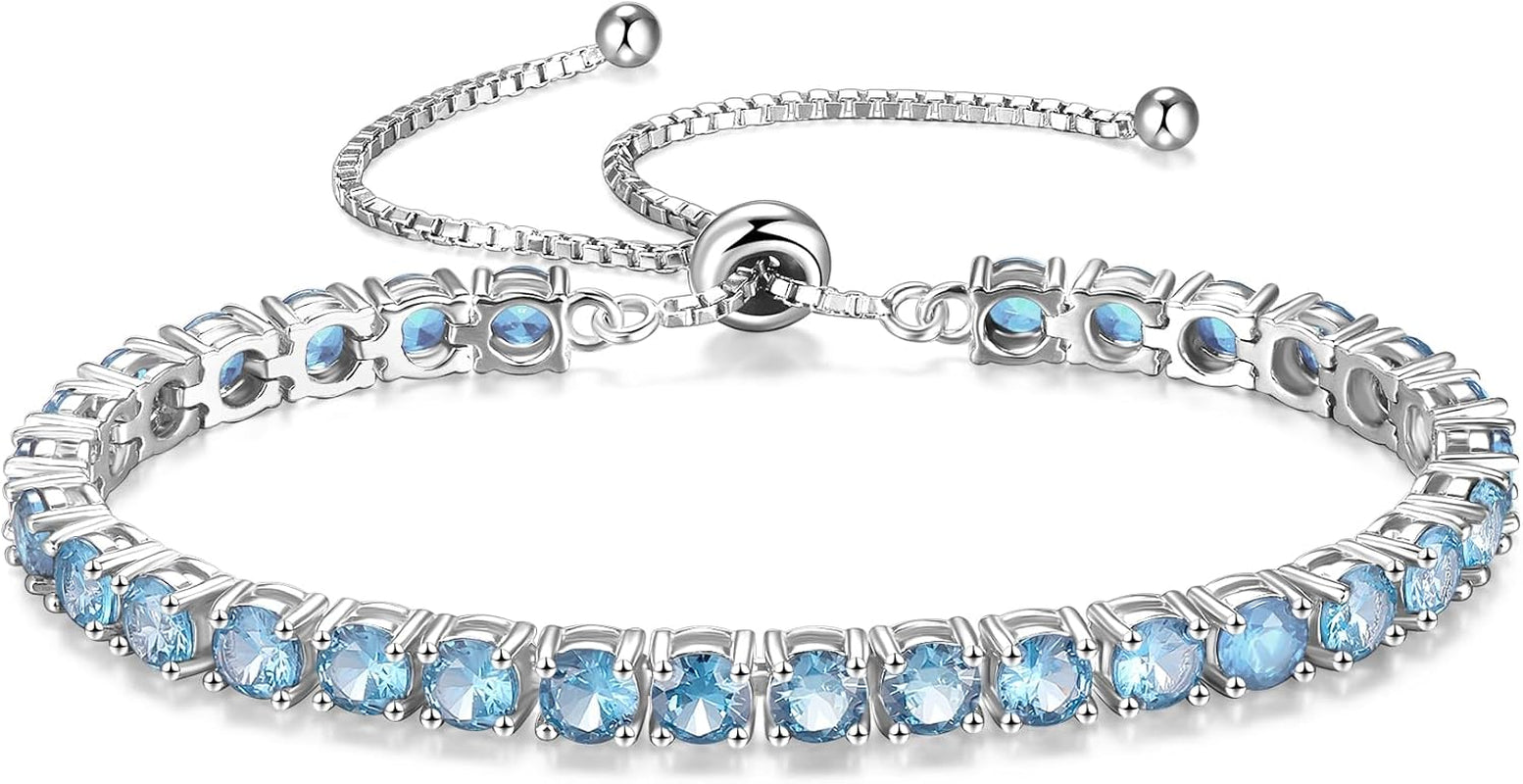 FANCIME Sterling Silver Birthstone Tennis Bracelet for Women - Adjustable Bolo Chain Fine Jewelry for Anniversaries and Birthdays - Ideal Gift for Mothers, Wives, and Loved Ones