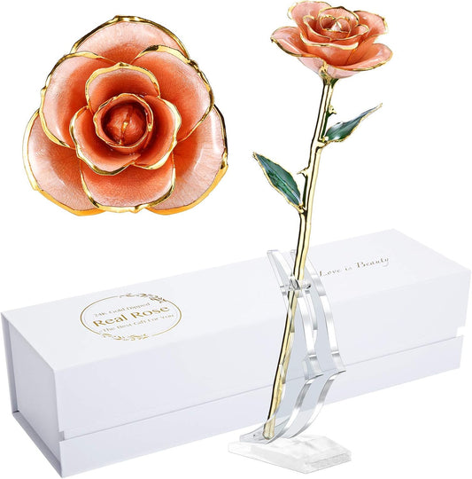24K Gold-Dipped Real Rose with Stand - Exquisite Gift for Her and Perfect Present for Wives, Pink Finish