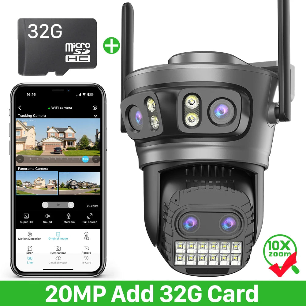 20MP 10K PTZ Wifi Camera Four Len 10X Zoom Surveillance Camera Outdoor 360°No Dead Angle Ultra Long Night Vision Security