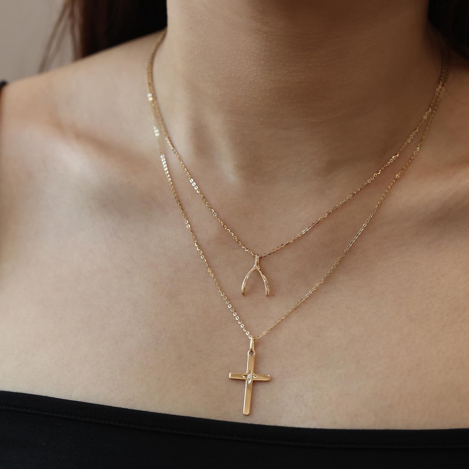 FANCIME 14K Solid Gold Star Natural Diamond 0.025Ct Cross Crucifix Necklace with 16+2" Cable Chain - Elegant Fine Jewelry Gift for Women and Girls - thewrightstore