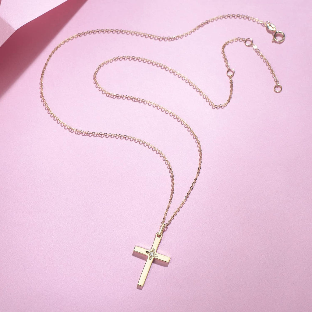 FANCIME 14K Solid Gold Star Natural Diamond 0.025Ct Cross Crucifix Necklace with 16+2" Cable Chain - Elegant Fine Jewelry Gift for Women and Girls - thewrightstore