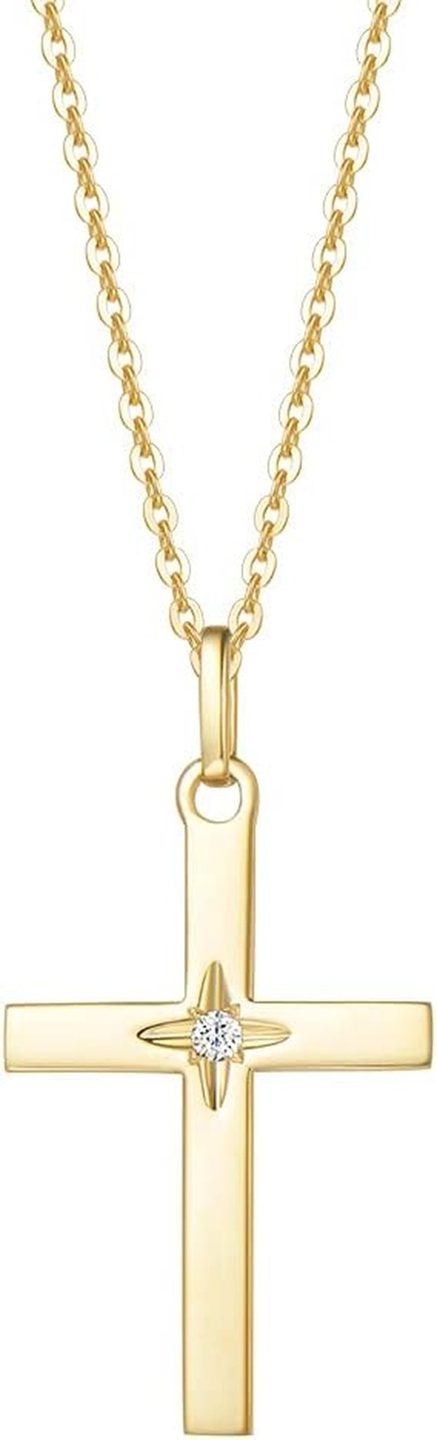 FANCIME 14K Solid Gold Star Natural Diamond 0.025Ct Cross Crucifix Necklace with 16+2" Cable Chain - Elegant Fine Jewelry Gift for Women and Girls - thewrightstore