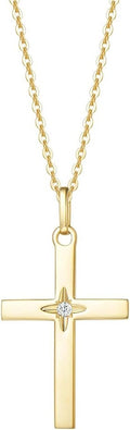 FANCIME 14K Solid Gold Star Natural Diamond 0.025Ct Cross Crucifix Necklace with 16+2" Cable Chain - Elegant Fine Jewelry Gift for Women and Girls - thewrightstore