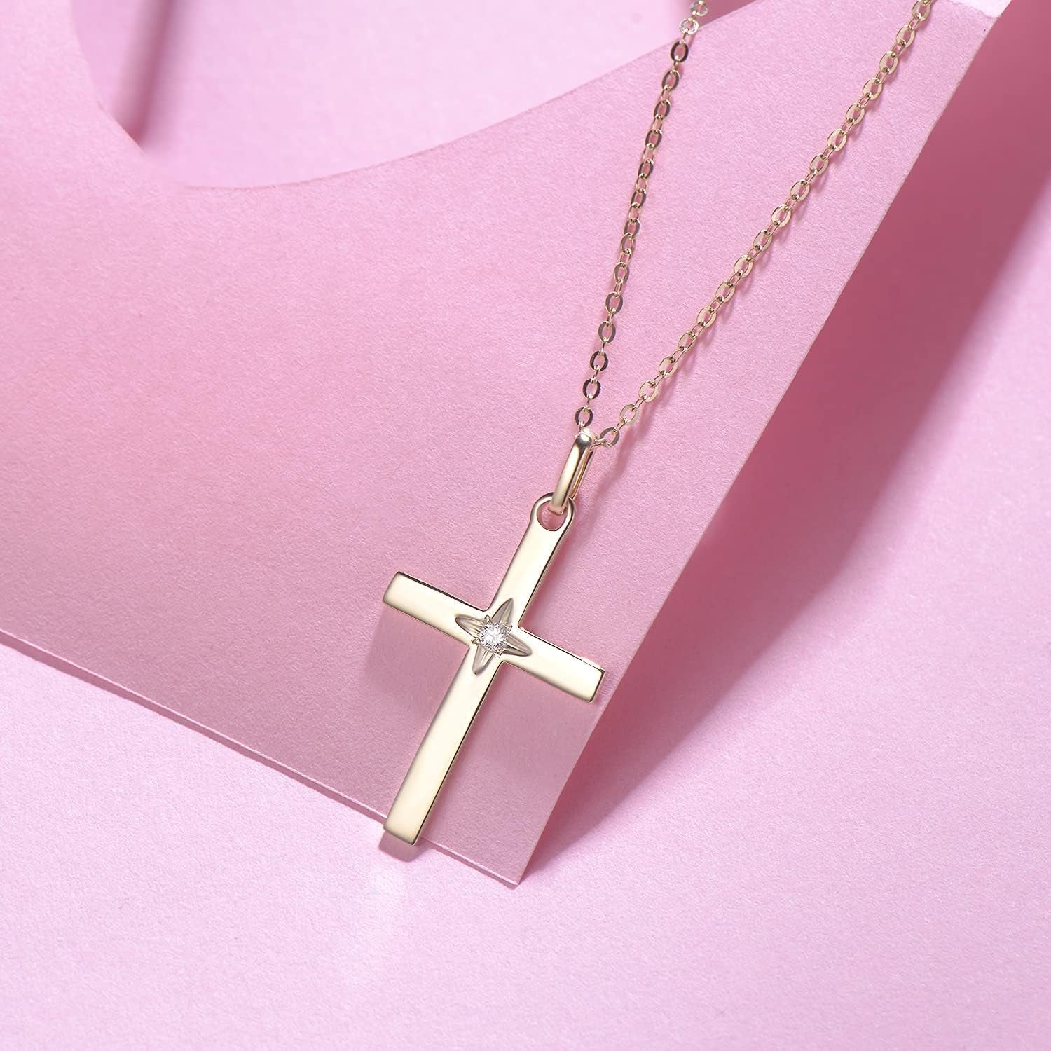 FANCIME 14K Solid Gold Star Natural Diamond 0.025Ct Cross Crucifix Necklace with 16+2" Cable Chain - Elegant Fine Jewelry Gift for Women and Girls - thewrightstore