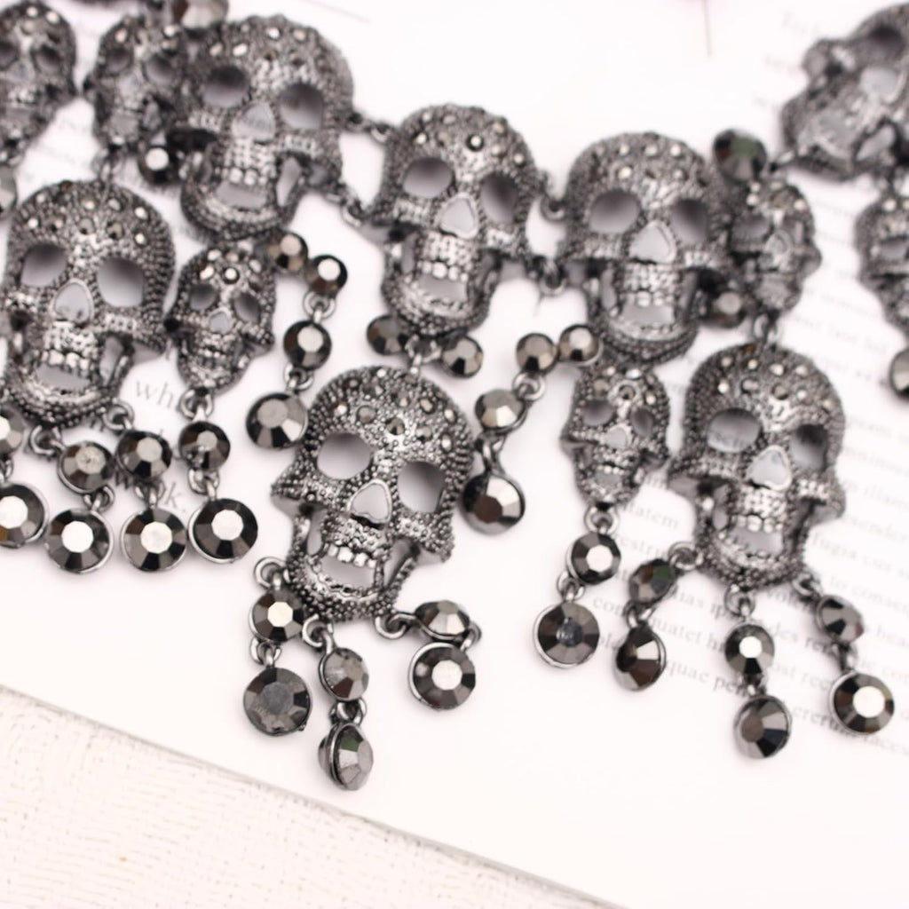 Austrian Crystal Gothic Skull and Bone Cross Necklace and Dangle Earring Set for Women