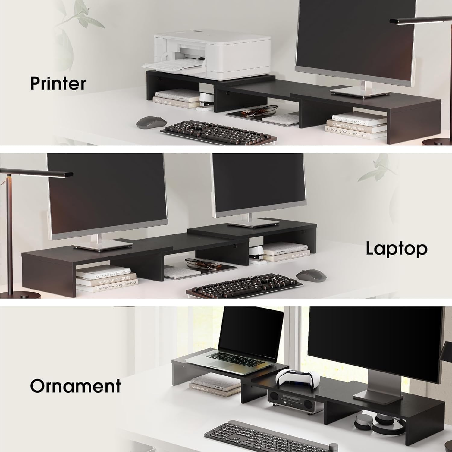 FITUEYES Dual Monitor Stand with Adjustable Length and Angle – 3-Shelf Wood Desktop Riser, Medium Black Office Accessory, Model DT108001WB - thewrightstore