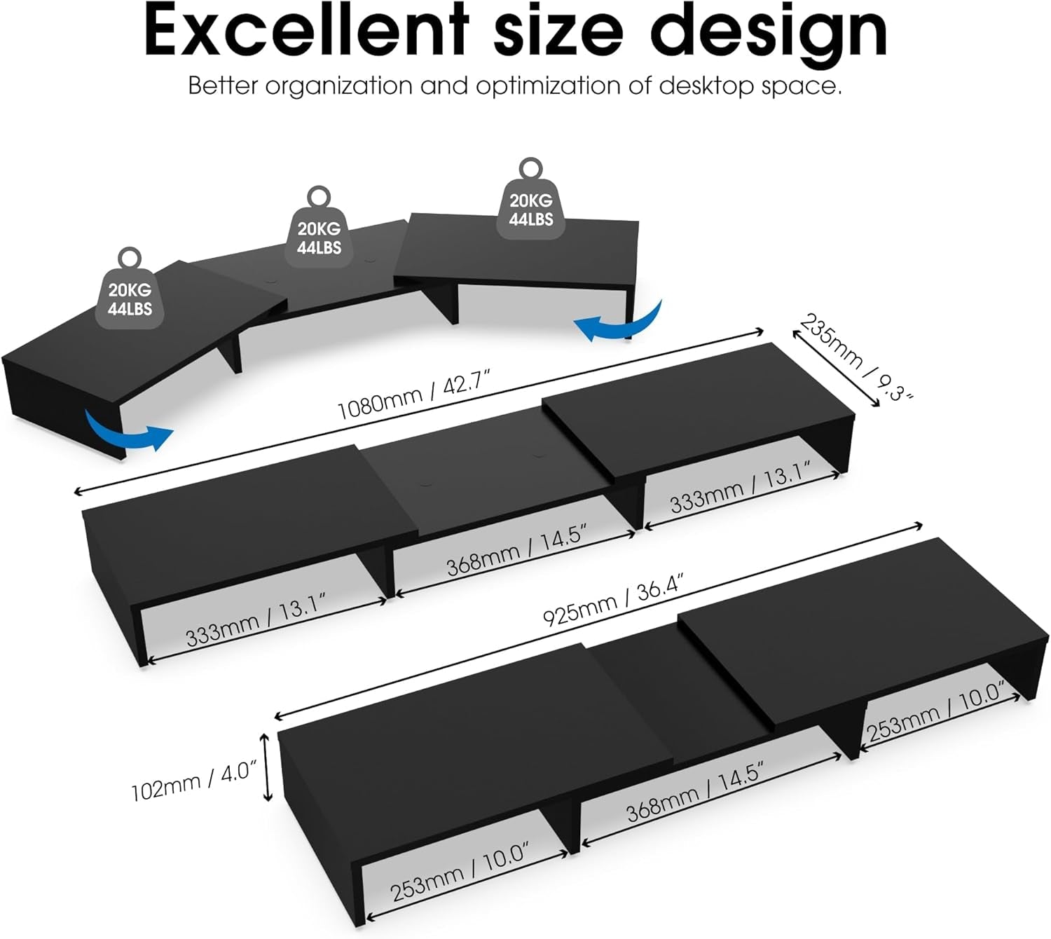 FITUEYES Dual Monitor Stand with Adjustable Length and Angle – 3-Shelf Wood Desktop Riser, Medium Black Office Accessory, Model DT108001WB - thewrightstore