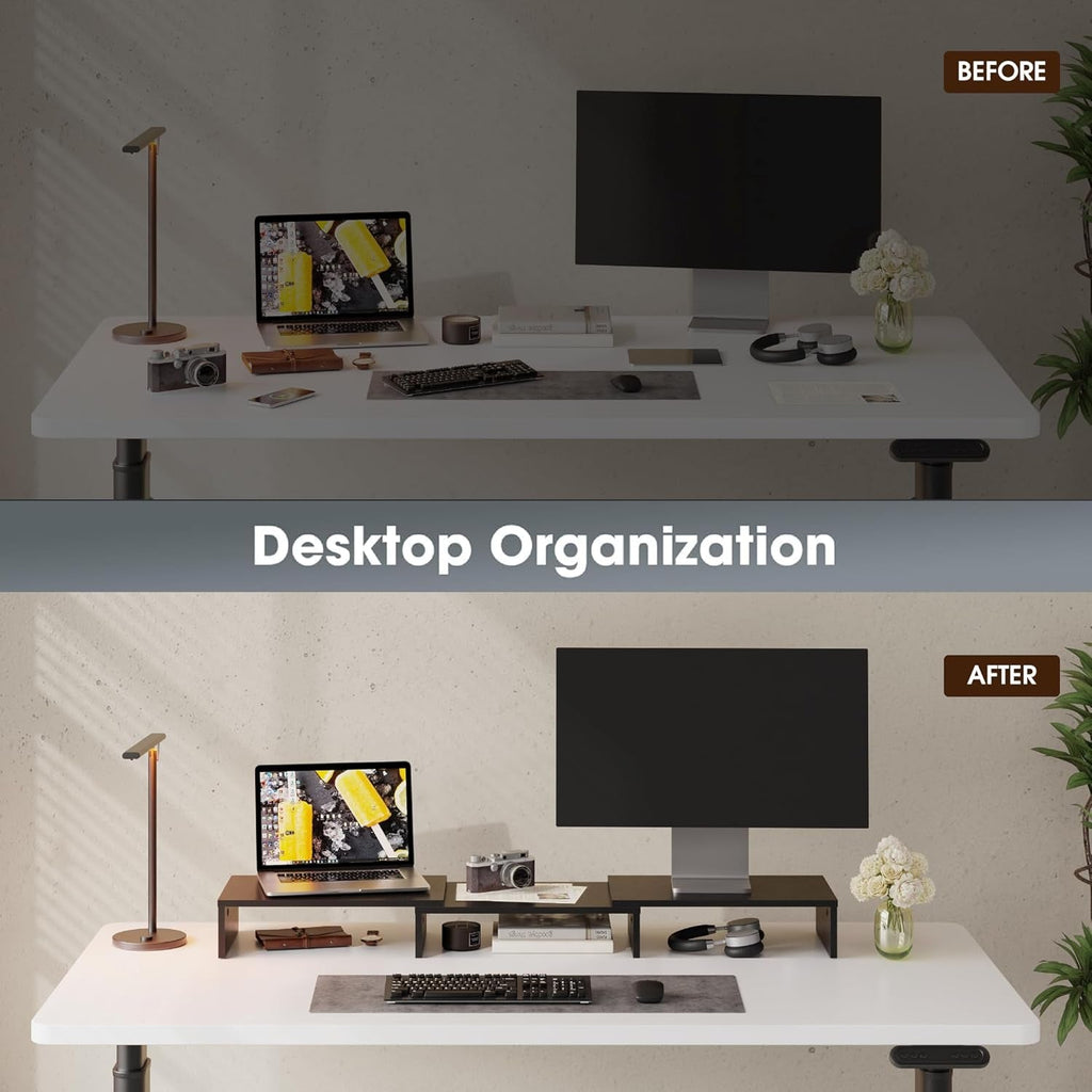 FITUEYES Dual Monitor Stand with Adjustable Length and Angle – 3-Shelf Wood Desktop Riser, Medium Black Office Accessory, Model DT108001WB - thewrightstore