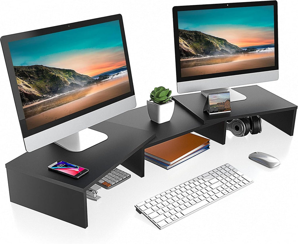 FITUEYES Dual Monitor Stand with Adjustable Length and Angle – 3-Shelf Wood Desktop Riser, Medium Black Office Accessory, Model DT108001WB - thewrightstore