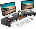 FITUEYES Dual Monitor Stand with Adjustable Length and Angle – 3-Shelf Wood Desktop Riser, Medium Black Office Accessory, Model DT108001WB - thewrightstore