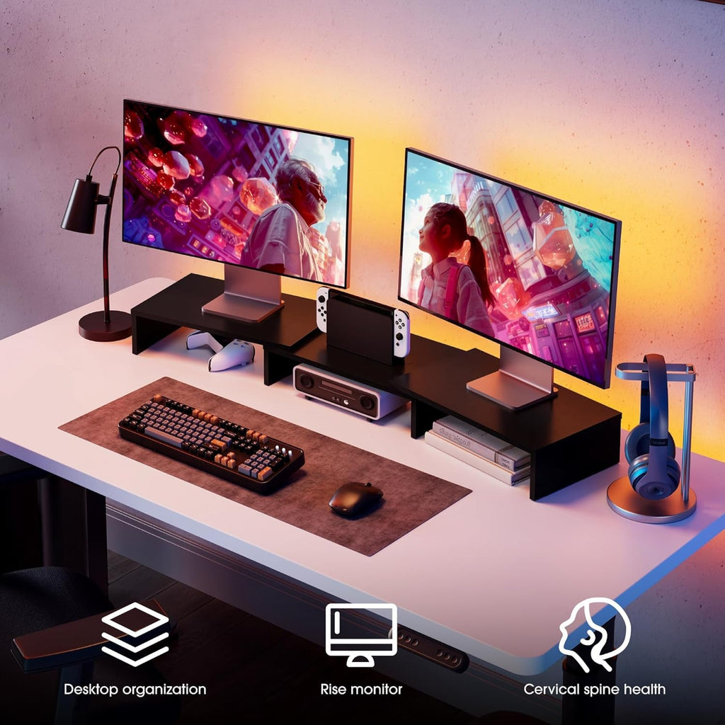 FITUEYES Dual Monitor Stand with Adjustable Length and Angle – 3-Shelf Wood Desktop Riser, Medium Black Office Accessory, Model DT108001WB - thewrightstore