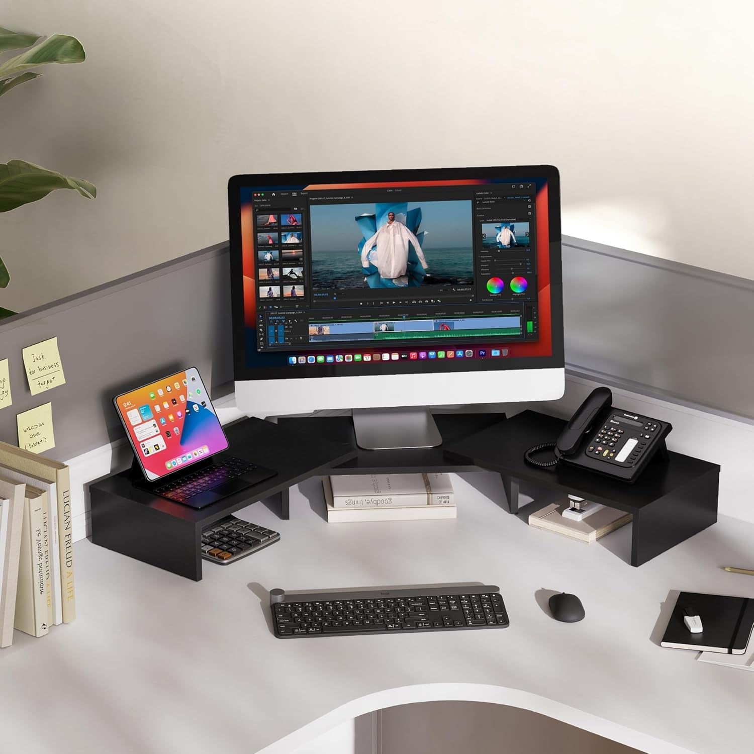 FITUEYES Dual Monitor Stand with Adjustable Length and Angle – 3-Shelf Wood Desktop Riser, Medium Black Office Accessory, Model DT108001WB - thewrightstore