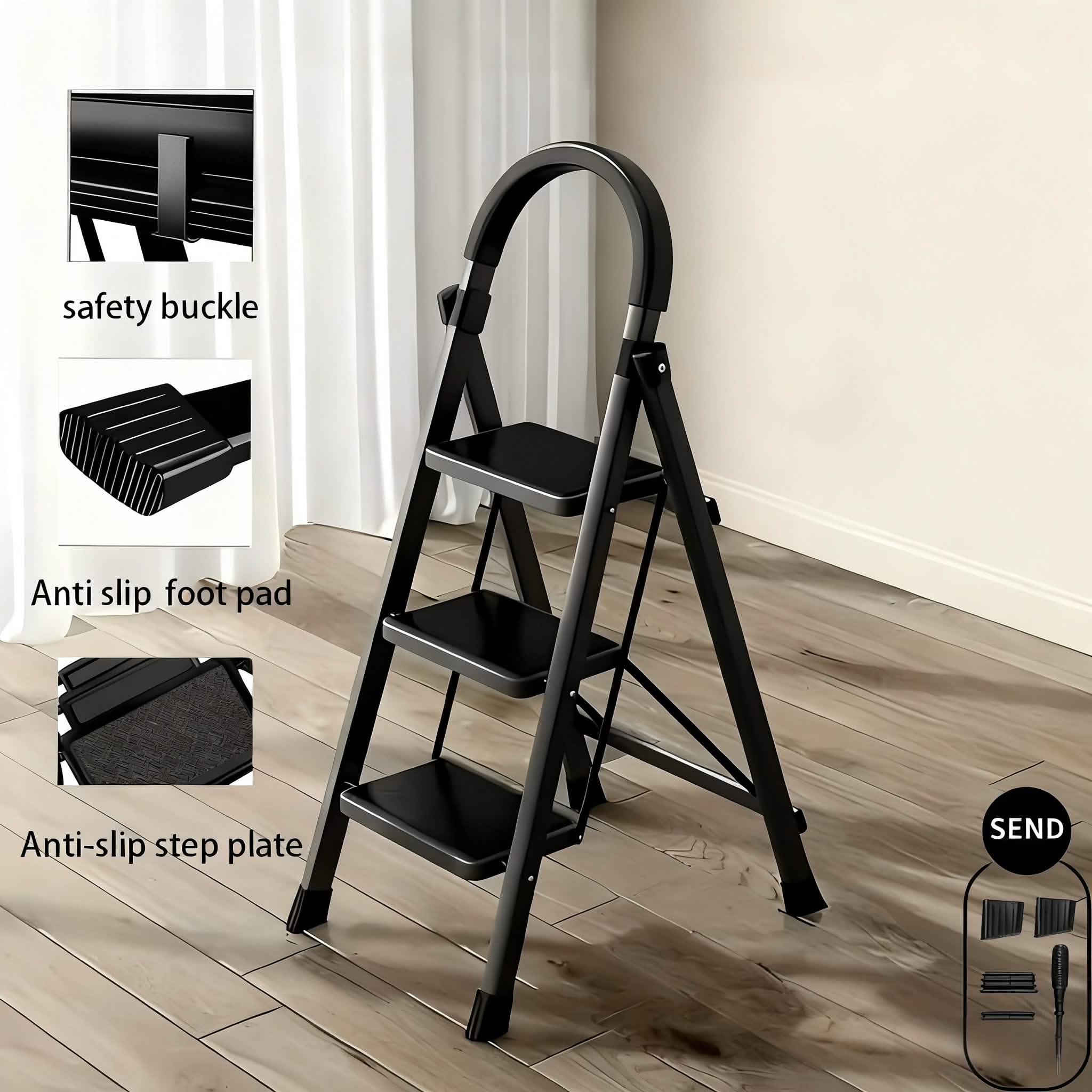 Folding 3/4 - Step Ladder – Portable Steel Step Stool, Anti - Slip - thewrightstore