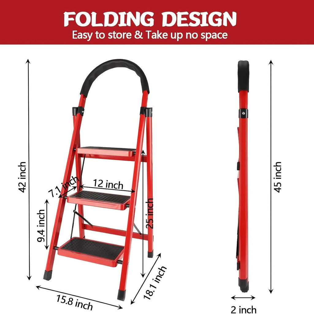 Folding 3/4 - Step Ladder – Portable Steel Step Stool, Anti - Slip - thewrightstore
