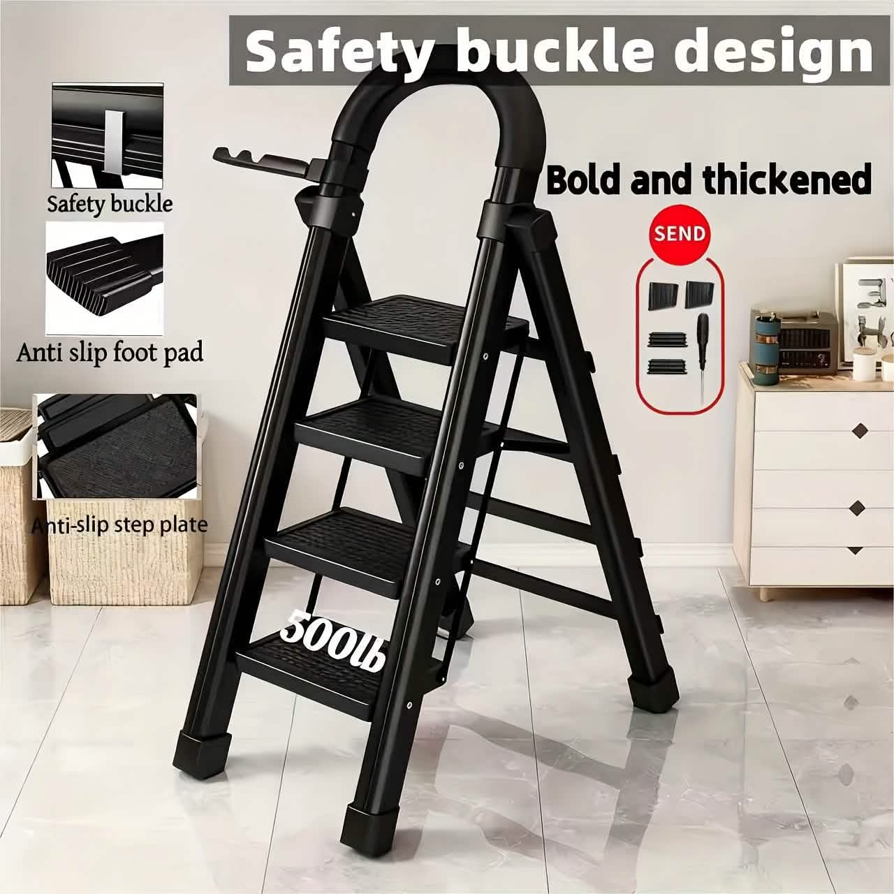 Folding 3/4 - Step Ladder – Portable Steel Step Stool, Anti - Slip - thewrightstore