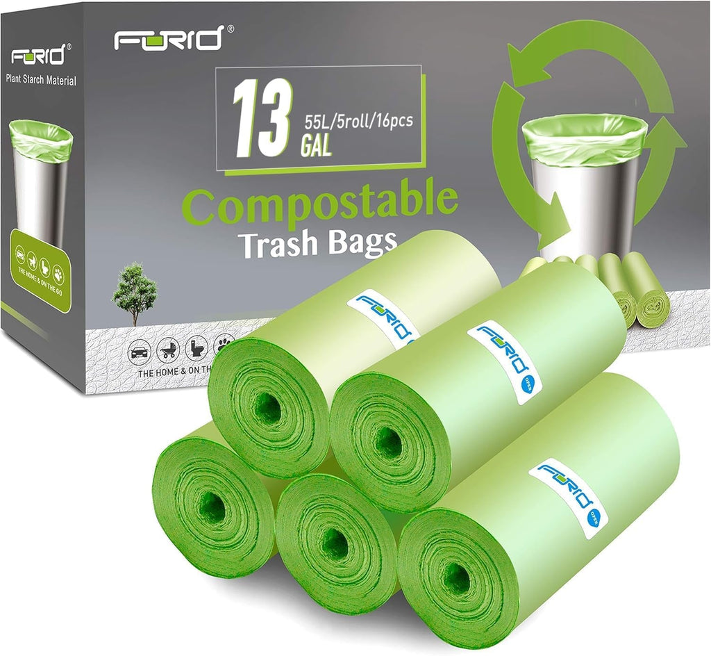 FORID Compostable 13 Gallon Tall Kitchen Trash Bags - 80 Count Unscented Waste Can Liners for Home, Bathroom, Bedroom, and Office (55 Liter, 5 Rolls, Green) - thewrightstore