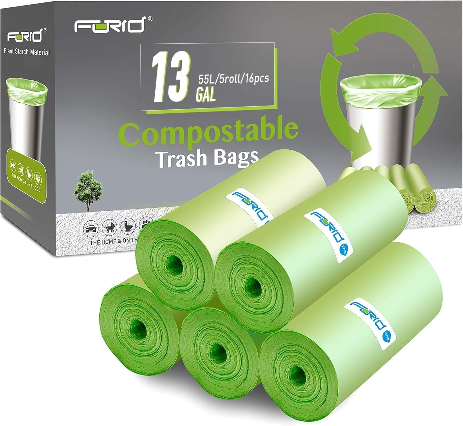FORID Compostable 13 Gallon Tall Kitchen Trash Bags - 80 Count Unscented Waste Can Liners for Home, Bathroom, Bedroom, and Office (55 Liter, 5 Rolls, Green) - thewrightstore