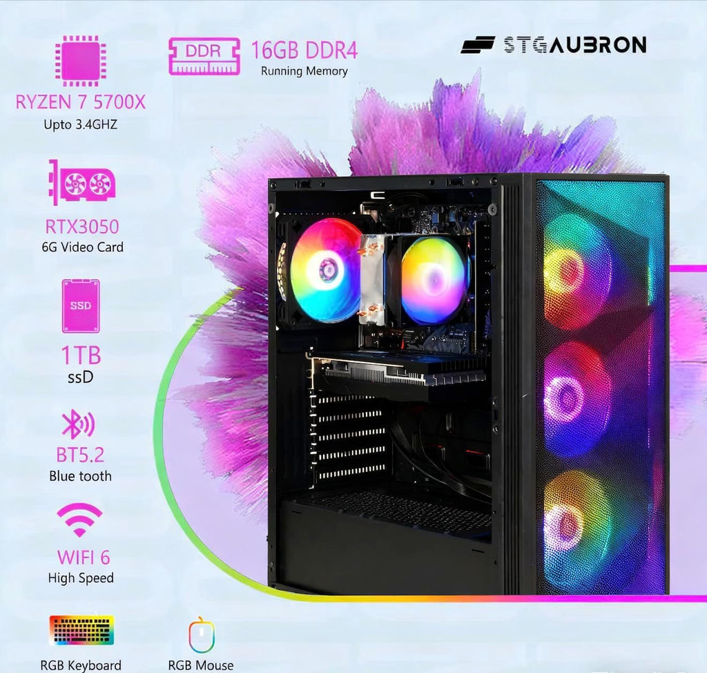 Gaming PC Desktop Computer, AMD Ryzen 7 5700X up to 4.6G, Geforce RTX 3050 6G, 16GB DDR4, 1TB SSD, Wifi 6 & BT 5.2, RGB Fan X4, Windows 11 Home - thewrightstore