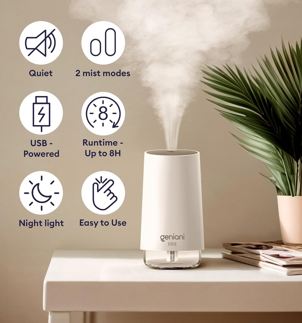 Geniani Ultrasonic Portable Cool Mist Humidifier for Bedroom and Office - 250ML Easy - to - Clean Water Tank with Auto Shut - Off Feature - thewrightstore