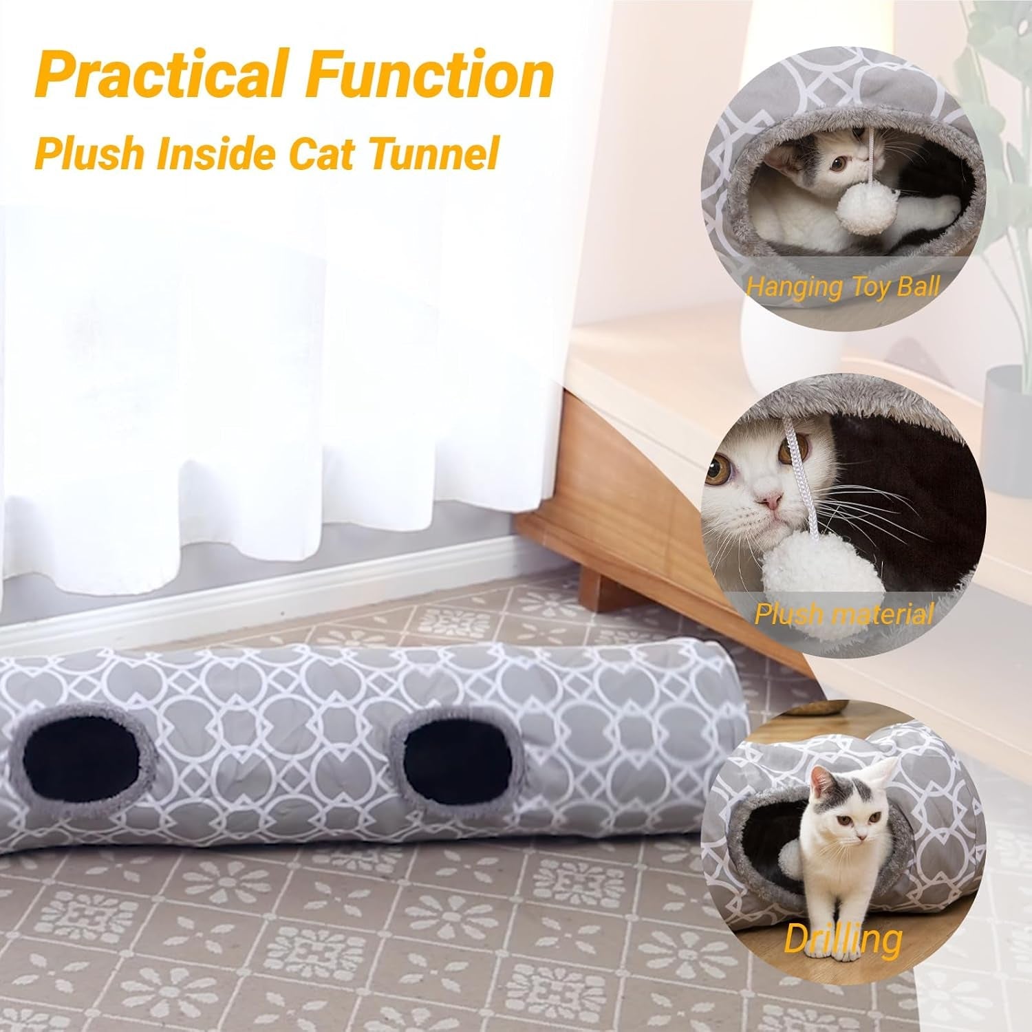 Geometric Collapsible Cat Tunnel with Plush Interior and Interactive Balls for Kittens, Rabbits, Ferrets, and Puppies - 9.8 Inch Diameter - thewrightstore