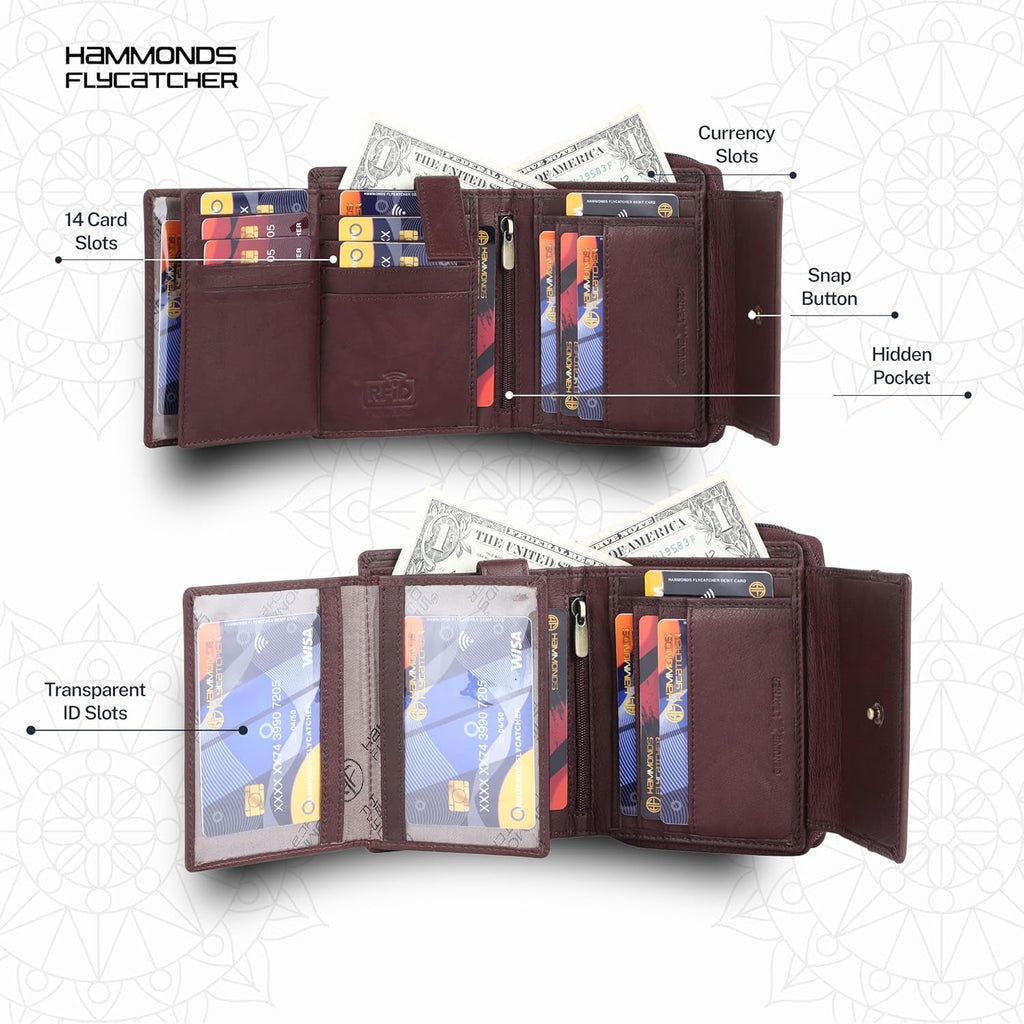 HAMMONDS FLYCATCHER Women's Genuine Leather Wallet - RFID Protection, 14 Card Slots, 3 ID Card Slots - Antique Brown Daily Use Money Purse - thewrightstore