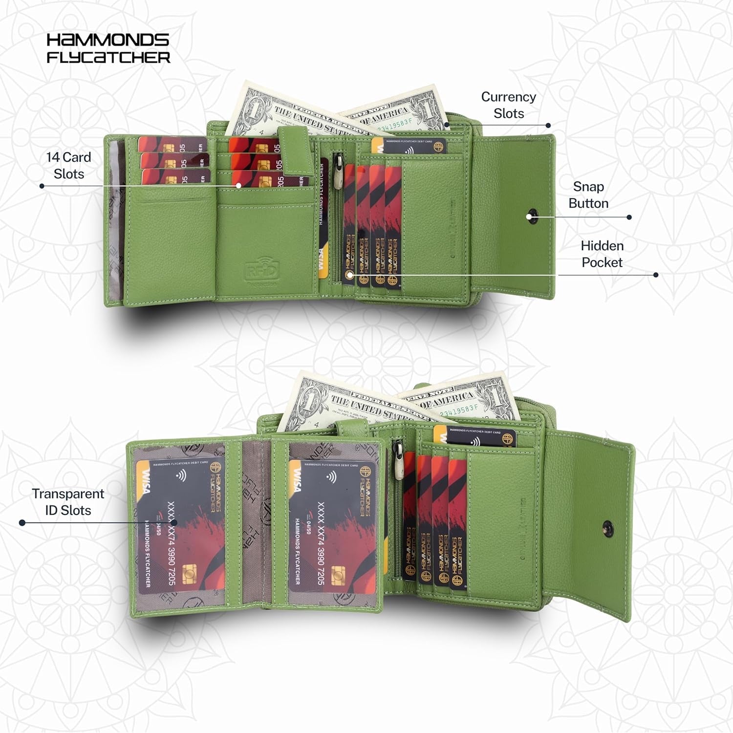HAMMONDS FLYCATCHER Women's Leather Wallet with 14 Card Slots - Stylish Clutch Purse in Emerald Green - thewrightstore