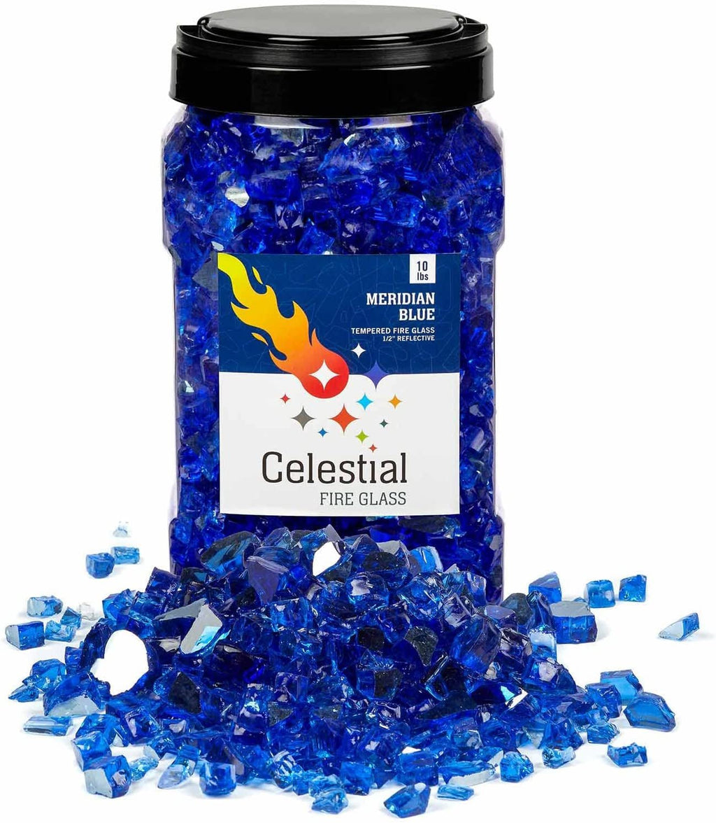 High Luster, 1/2" Reflective Tempered Fire Glass in Meridian Blue | 10 Pound Jar - thewrightstore