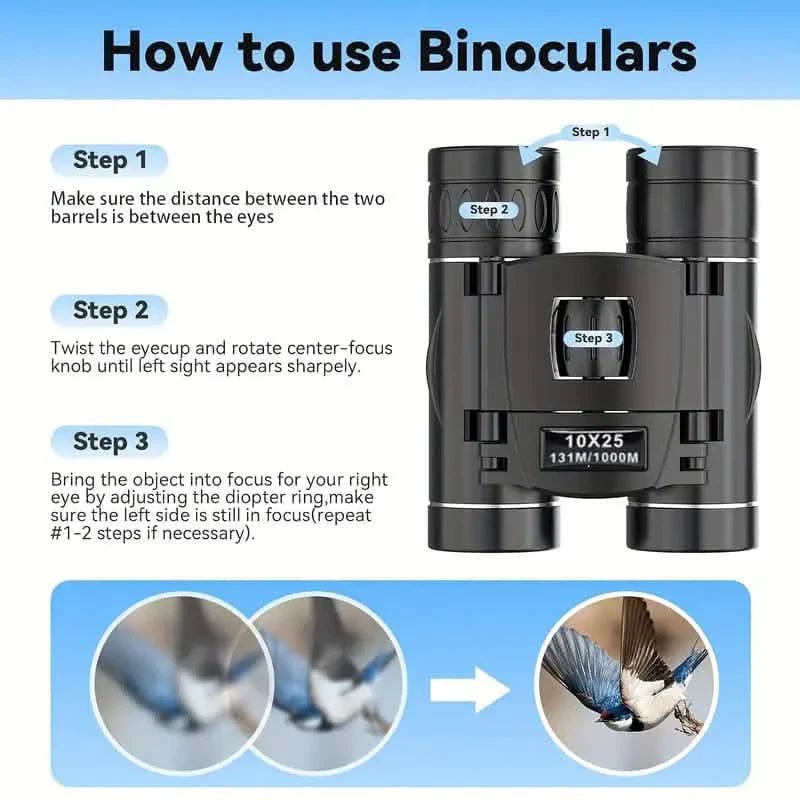 High Powered Mini Pocket Binoculars 10x25 with Phone Adapter – Compact, Lightweight, Portable – Black - thewrightstore