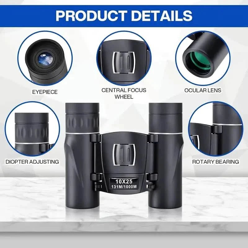 High Powered Mini Pocket Binoculars 10x25 with Phone Adapter – Compact, Lightweight, Portable – Black - thewrightstore