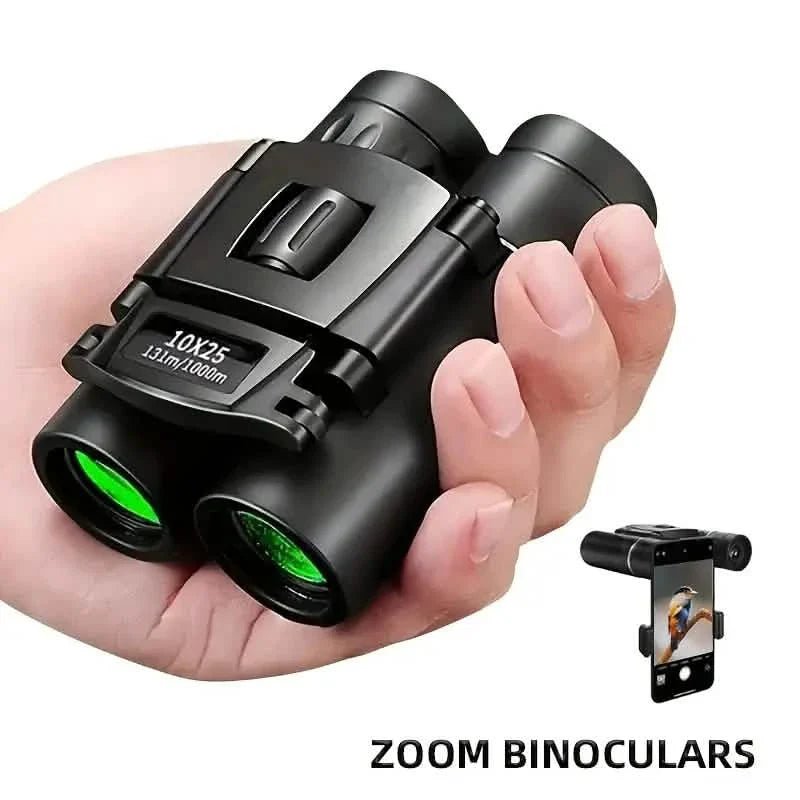 High Powered Mini Pocket Binoculars 10x25 with Phone Adapter – Compact, Lightweight, Portable – Black - thewrightstore