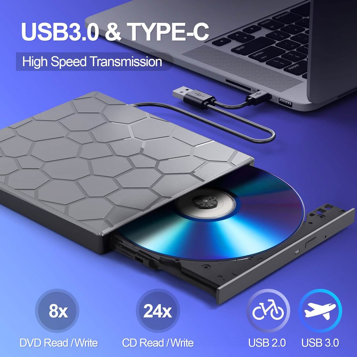 High - Speed USB 3.0 External CD/DVD Drive with Burner – Plug & Play, Windows & Mac Compatible - thewrightstore