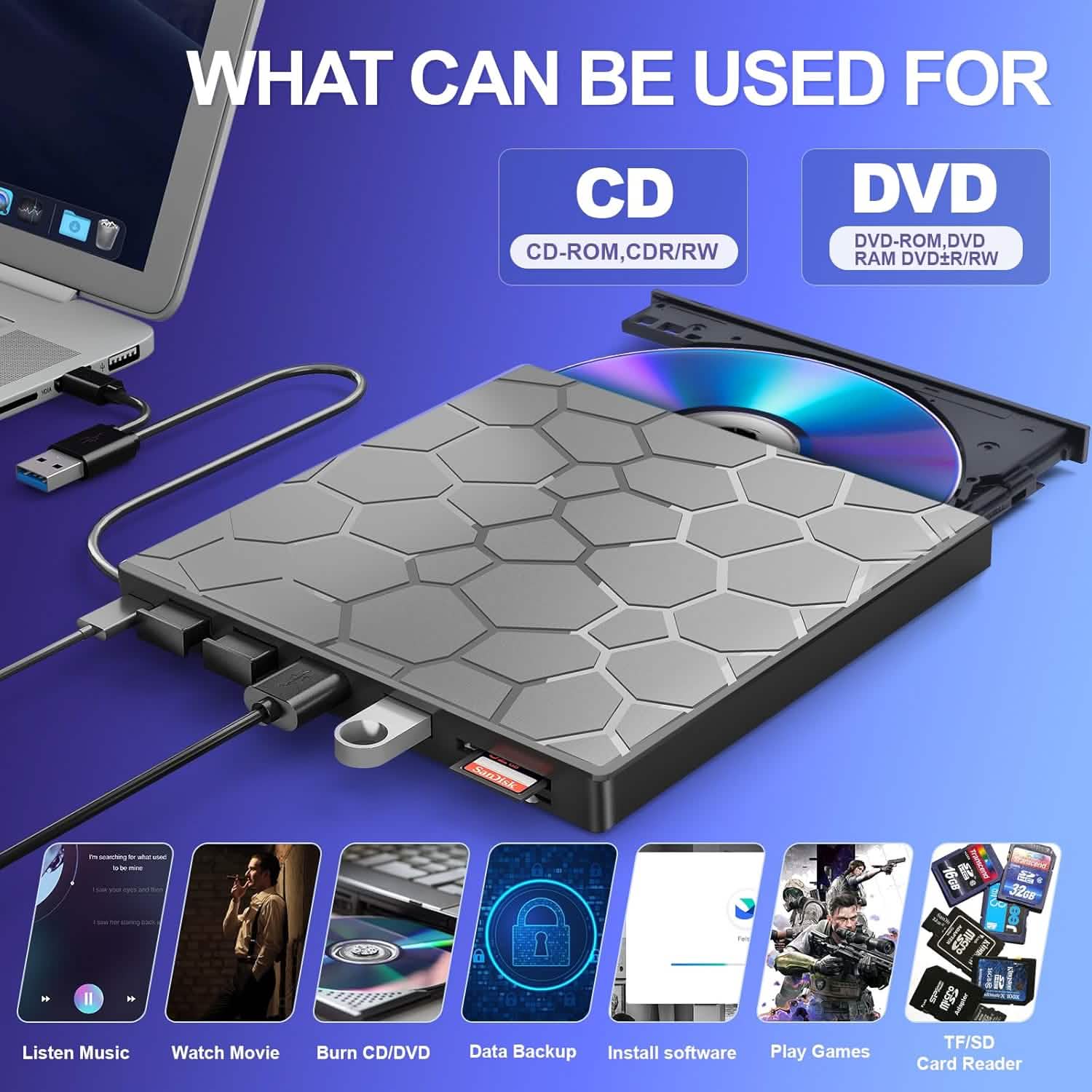 High - Speed USB 3.0 External CD/DVD Drive with Burner – Plug & Play, Windows & Mac Compatible - thewrightstore