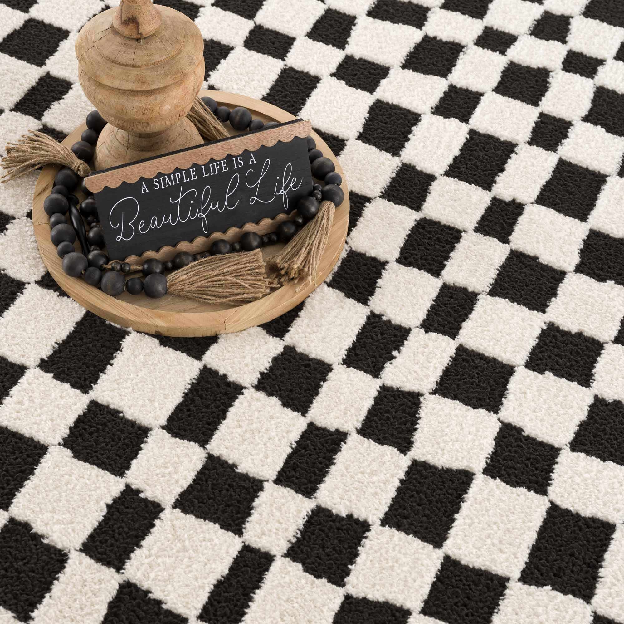 Lajos Black & White Checkered Plush Rug - thewrightstore
