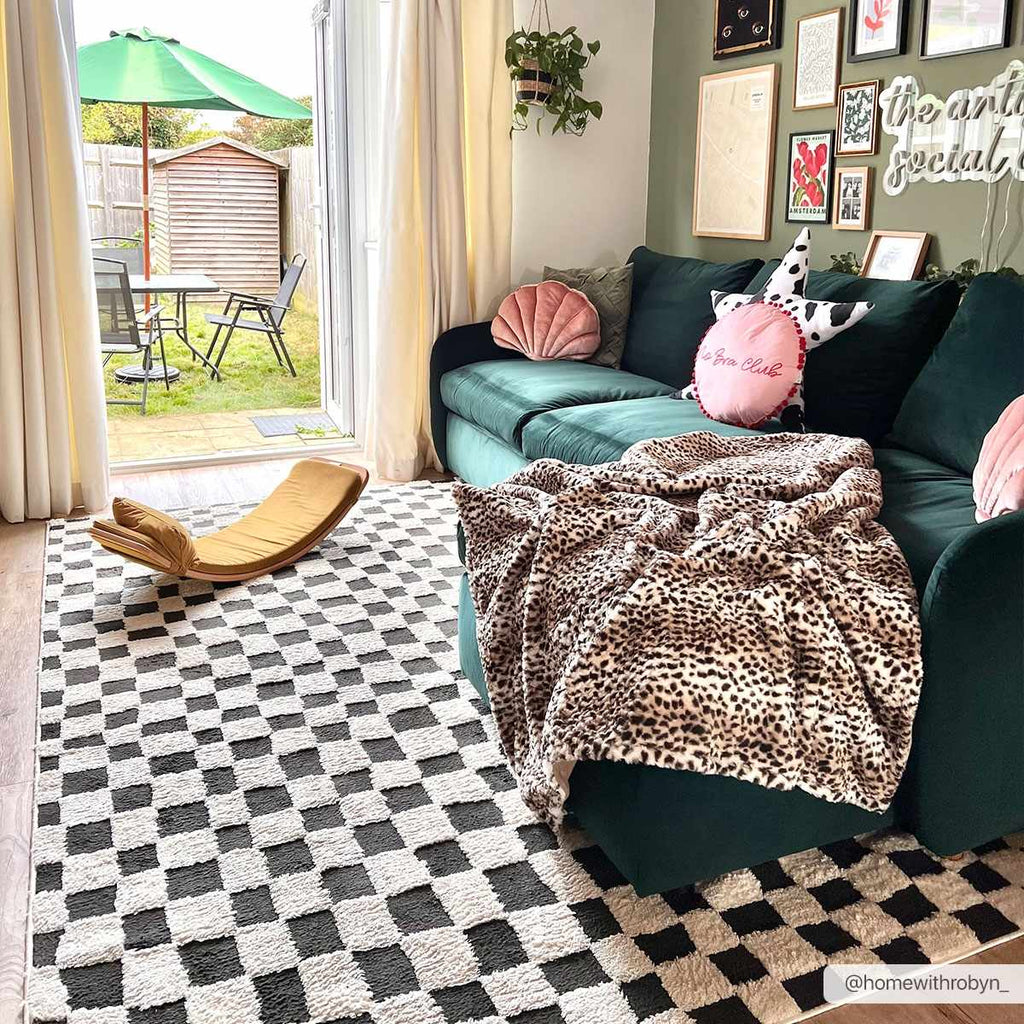 Lajos Black & White Checkered Plush Rug - thewrightstore