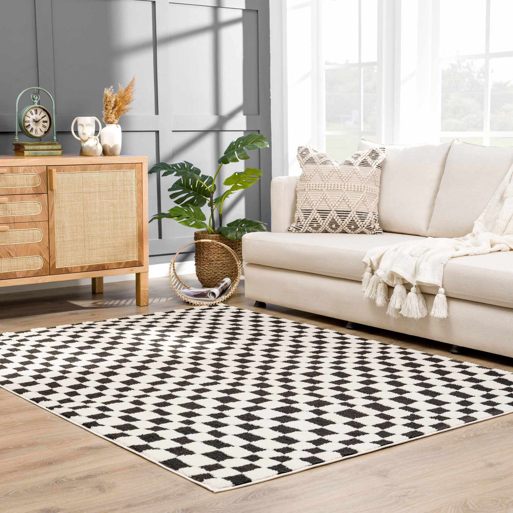 Lajos Black & White Checkered Plush Rug - thewrightstore