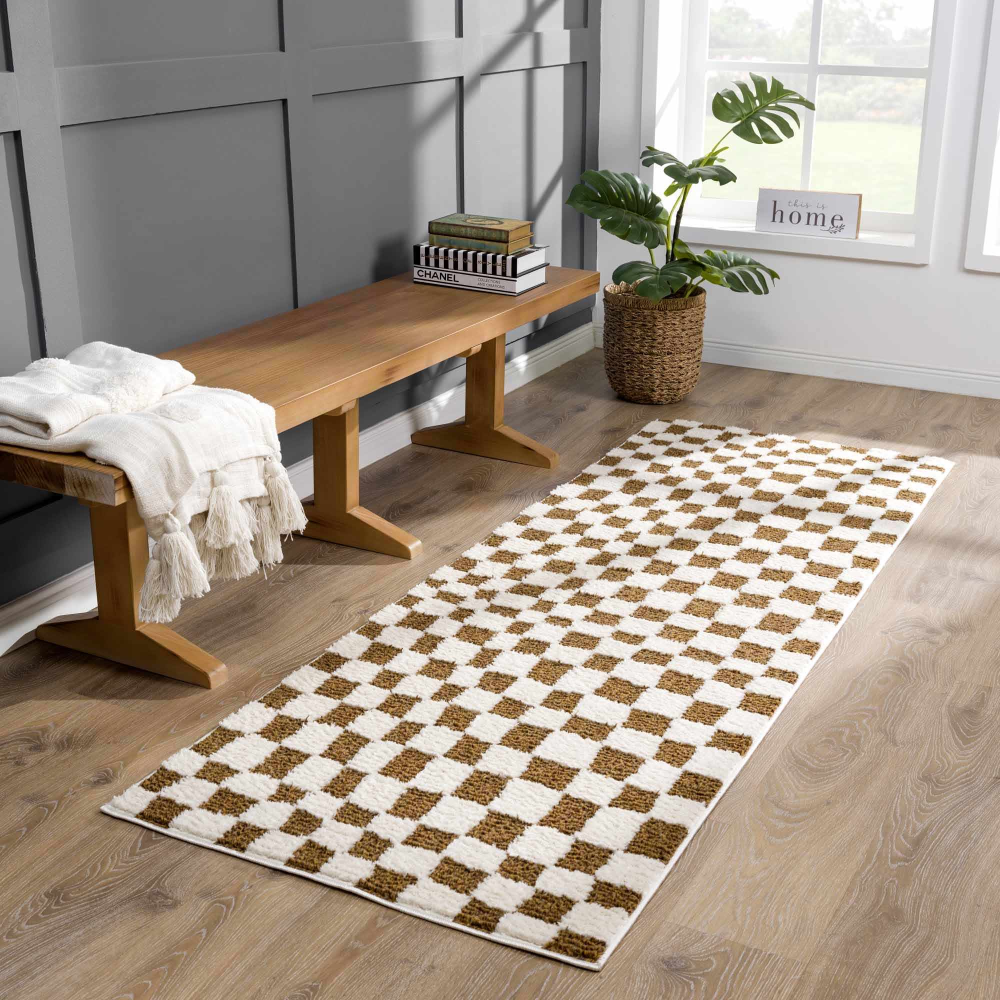 Lajos Brown Checkered Shag Rug - Clearance - thewrightstore