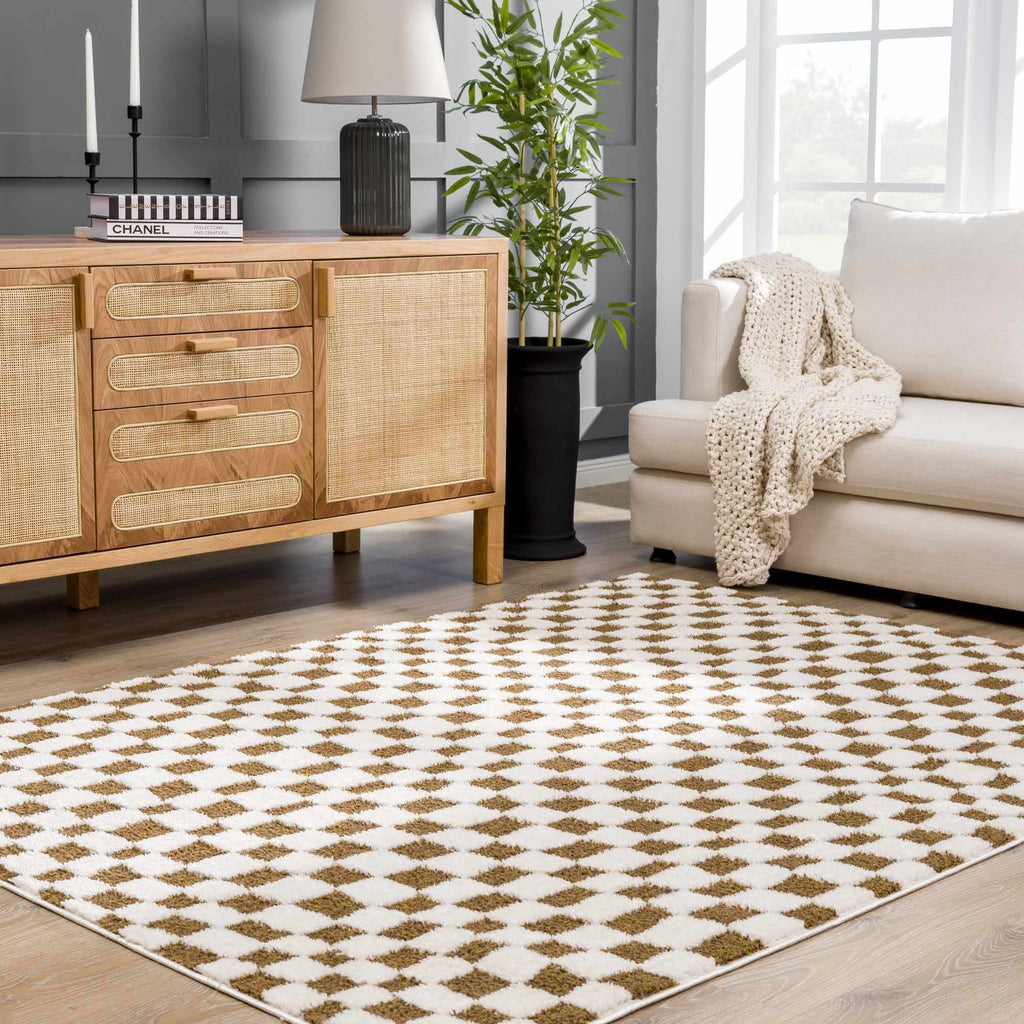 Lajos Brown Checkered Shag Rug - Clearance - thewrightstore