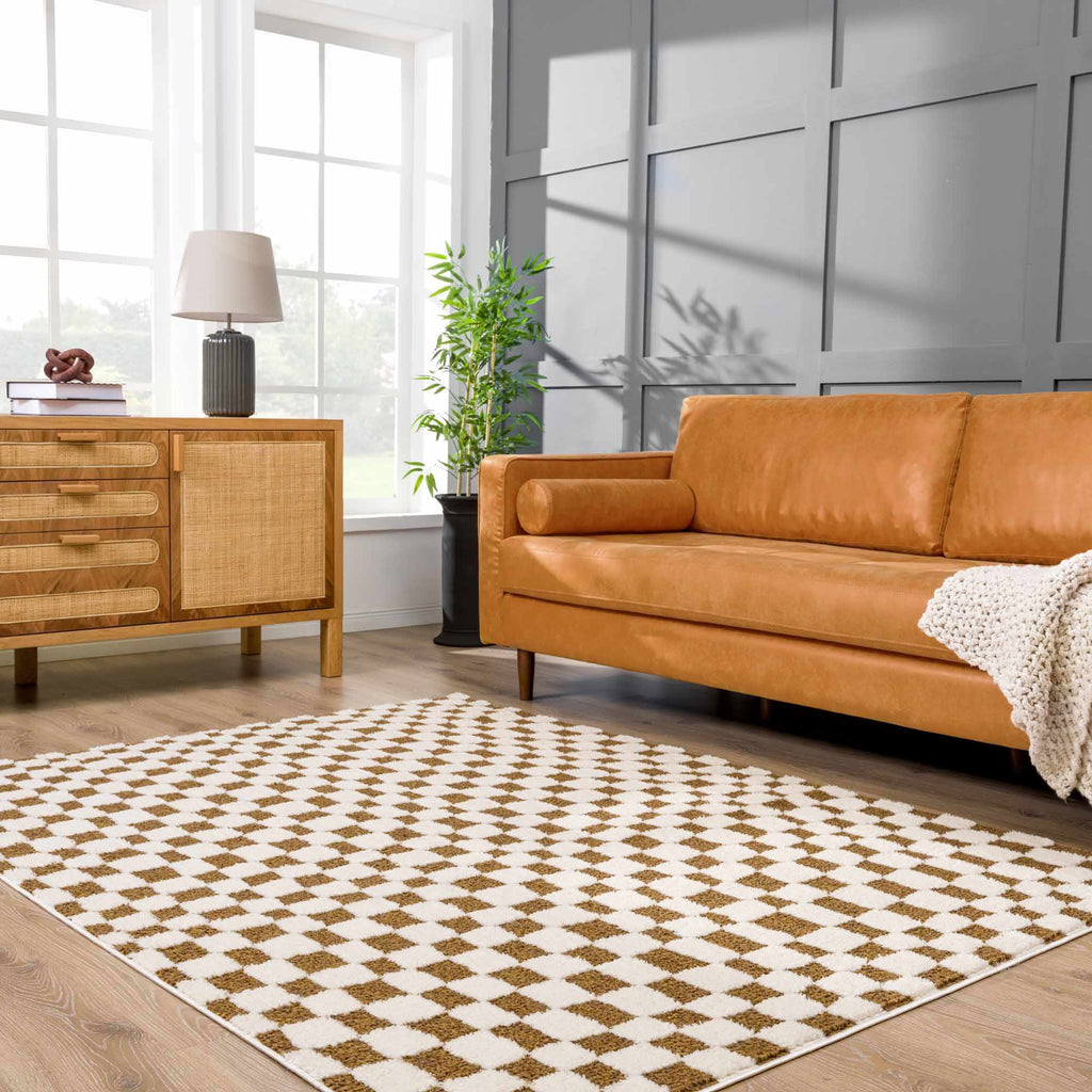 Lajos Brown Checkered Shag Rug - Clearance - thewrightstore