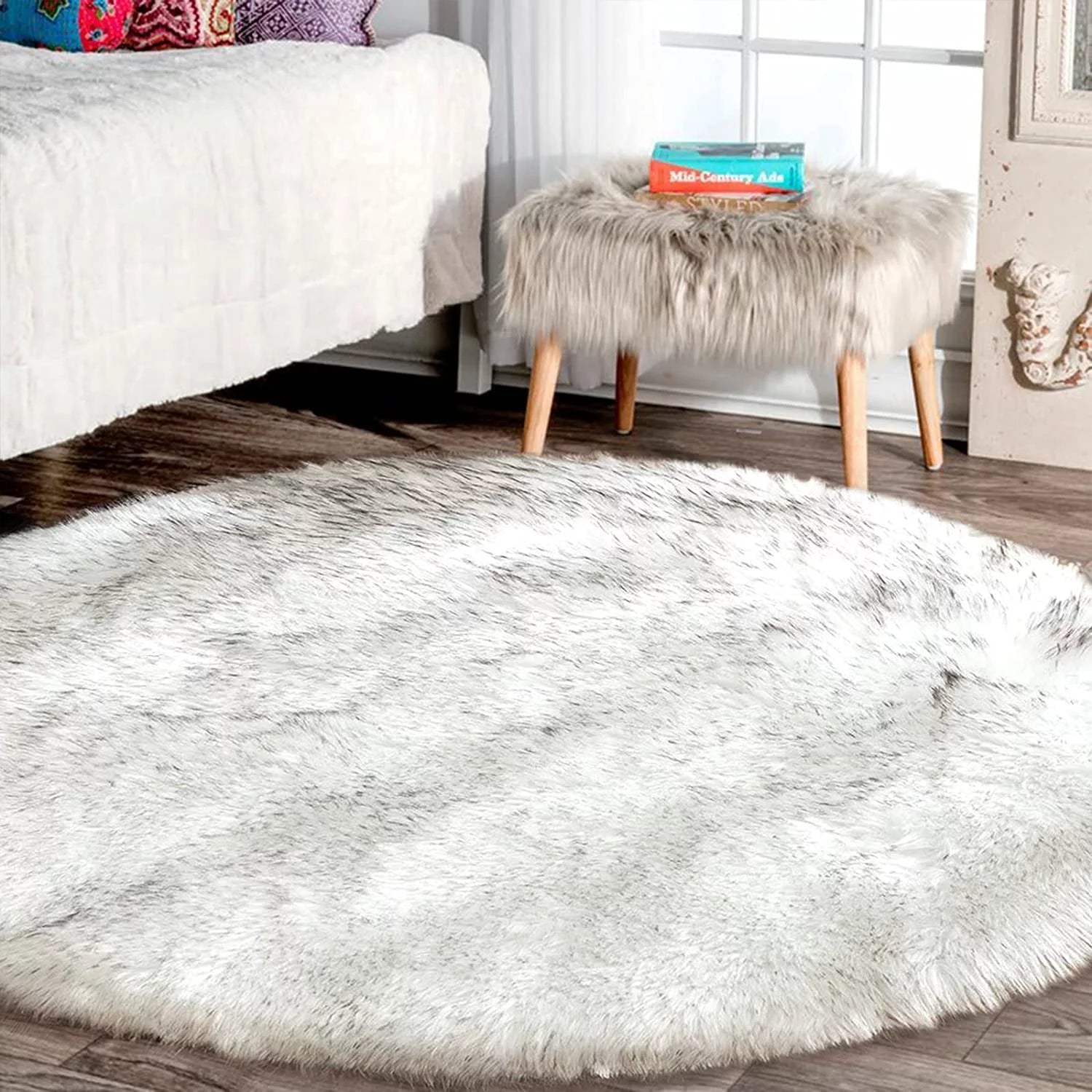 Large Circle Area Rugs for Living Room round Rug 8Ft Fluffy Bedroom Rug White with Grey Tips Shaggy Rug Washable Shag Rug Faux Fur Rug Fuzzy Rug for Floor Plush Rug - thewrightstore