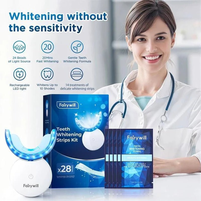 LED Teeth Whitening Strips Kit for Sensitive Teeth - 28 White Strips + 24 Blue Light Accelerator, 20Min Rapid White At - Home Dental Care for Smoking & Coffee Stains - thewrightstore